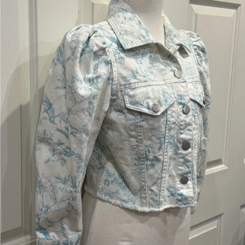Elie Tahari Cropped Denim Jacket Floral Puff Sleeve Blue White Size S - Picture 5 of 7